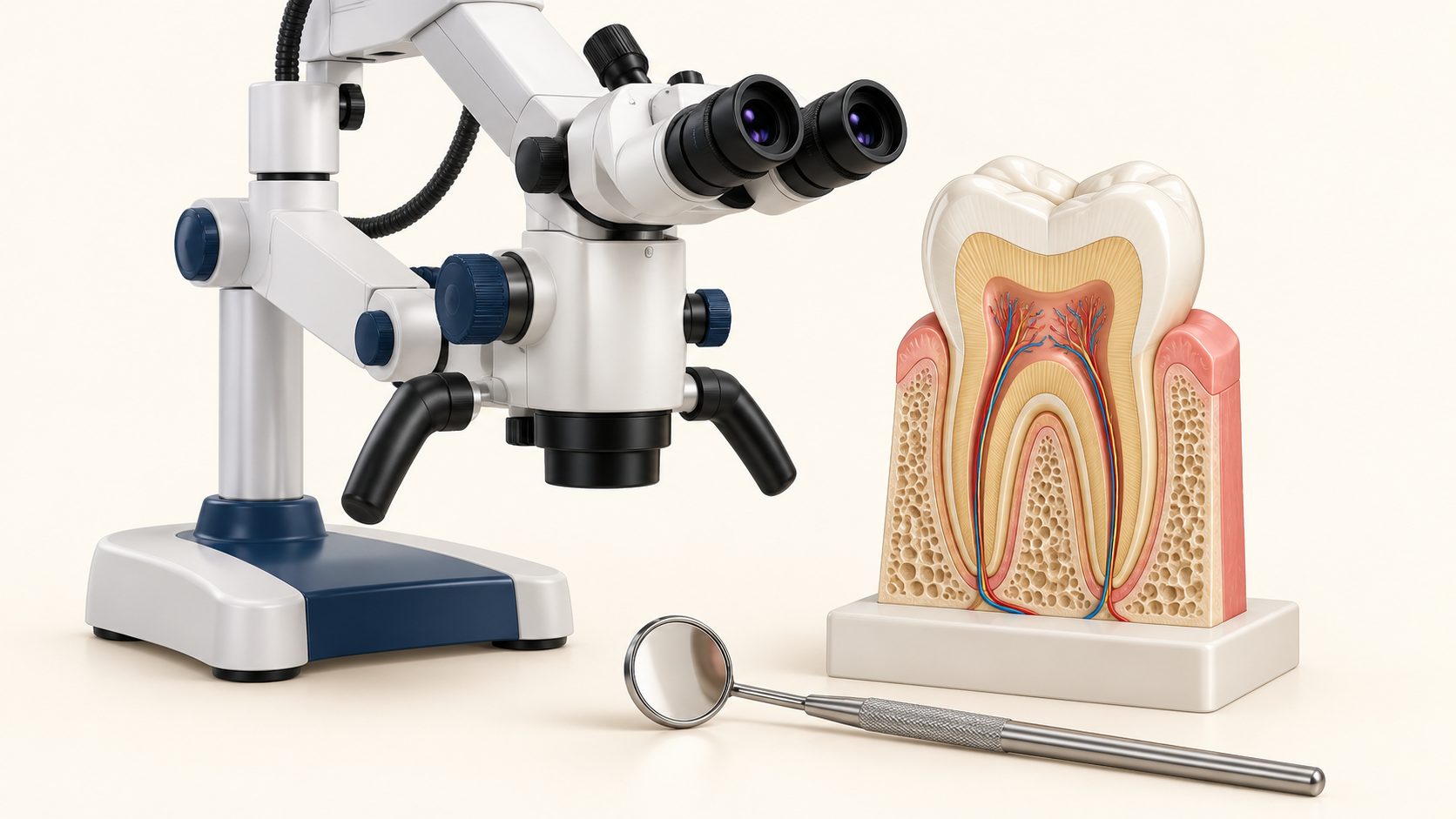 Microscopio dental junto a un modelo de molar en corte y un espejo.