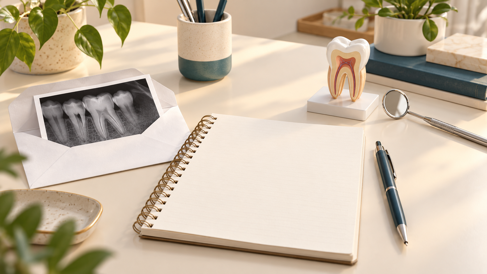 Radiografía dental ilustrativa junto a un cuaderno y un modelo dental.