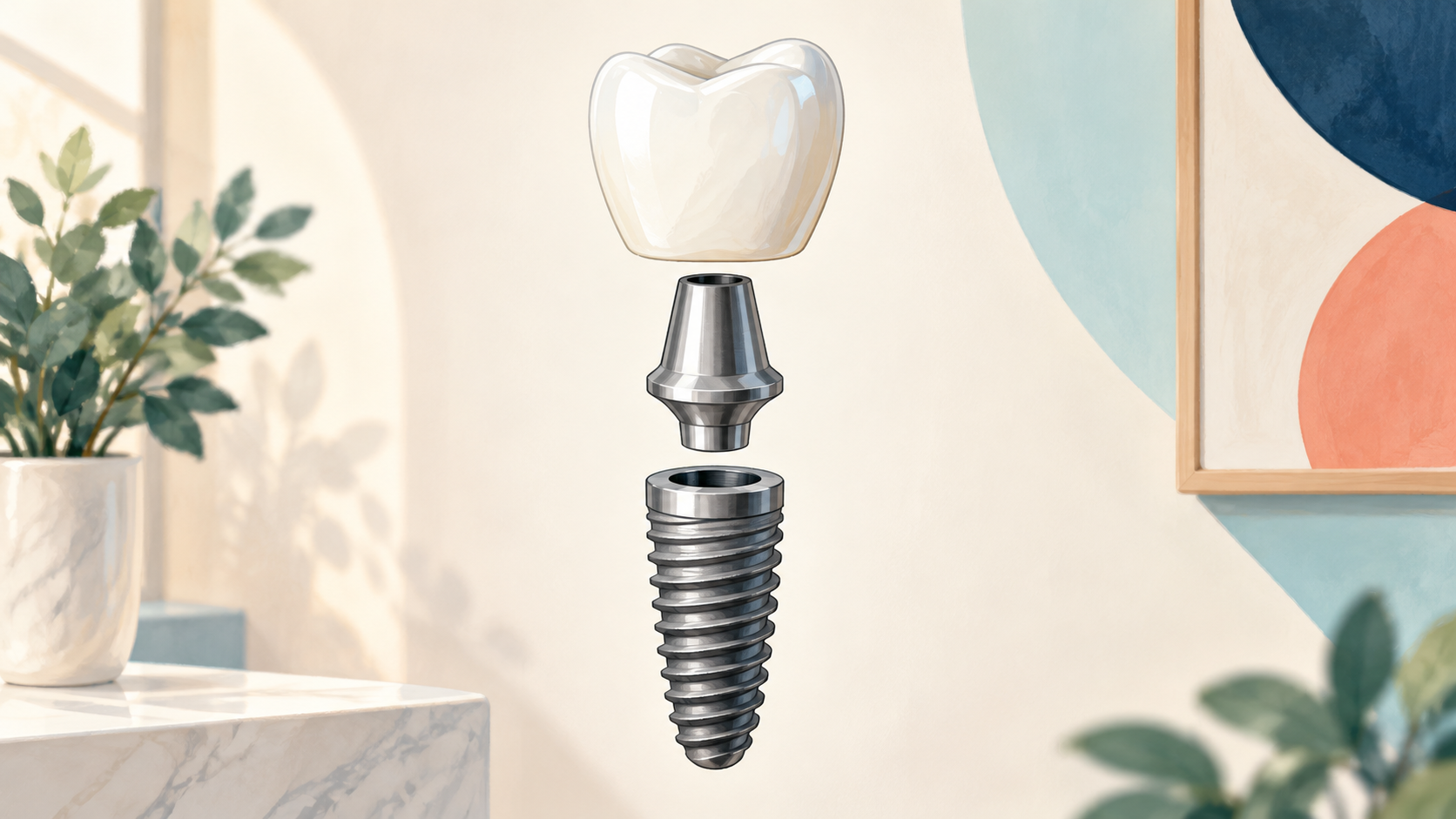 Separate dental implant, abutment and crown components.