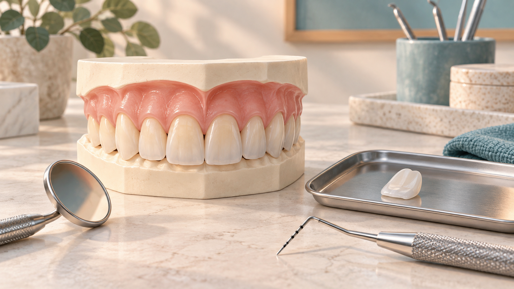 Modelo de dientes y encía junto a una carilla dental.