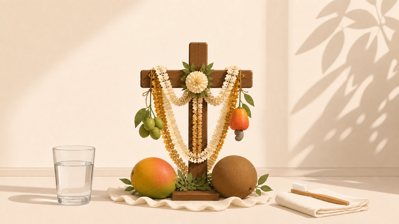 May Cross decorated with Salvadoran fruit beside water and oral care items