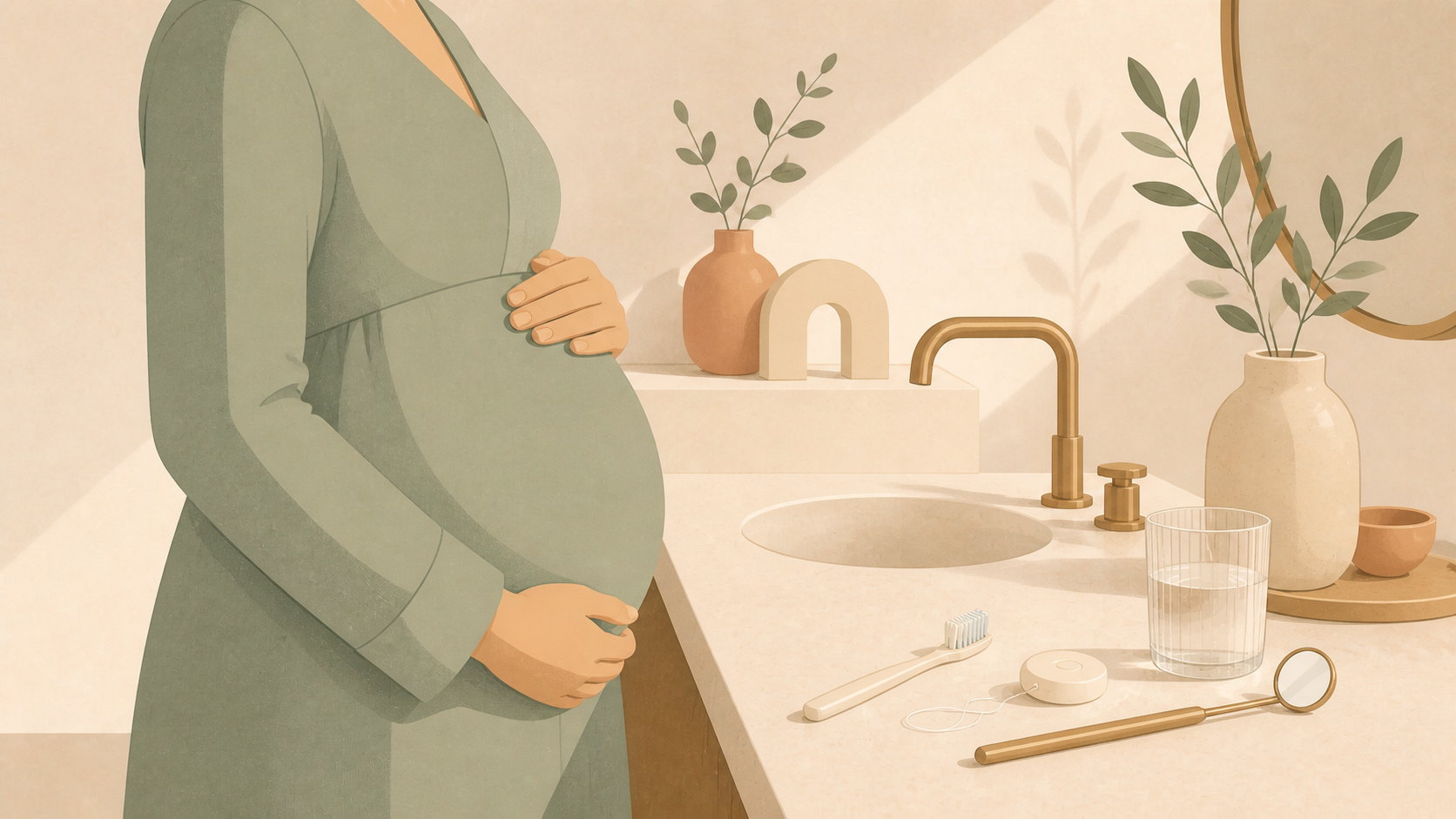 Pregnant woman beside a sink with a toothbrush, floss and dental mirror
