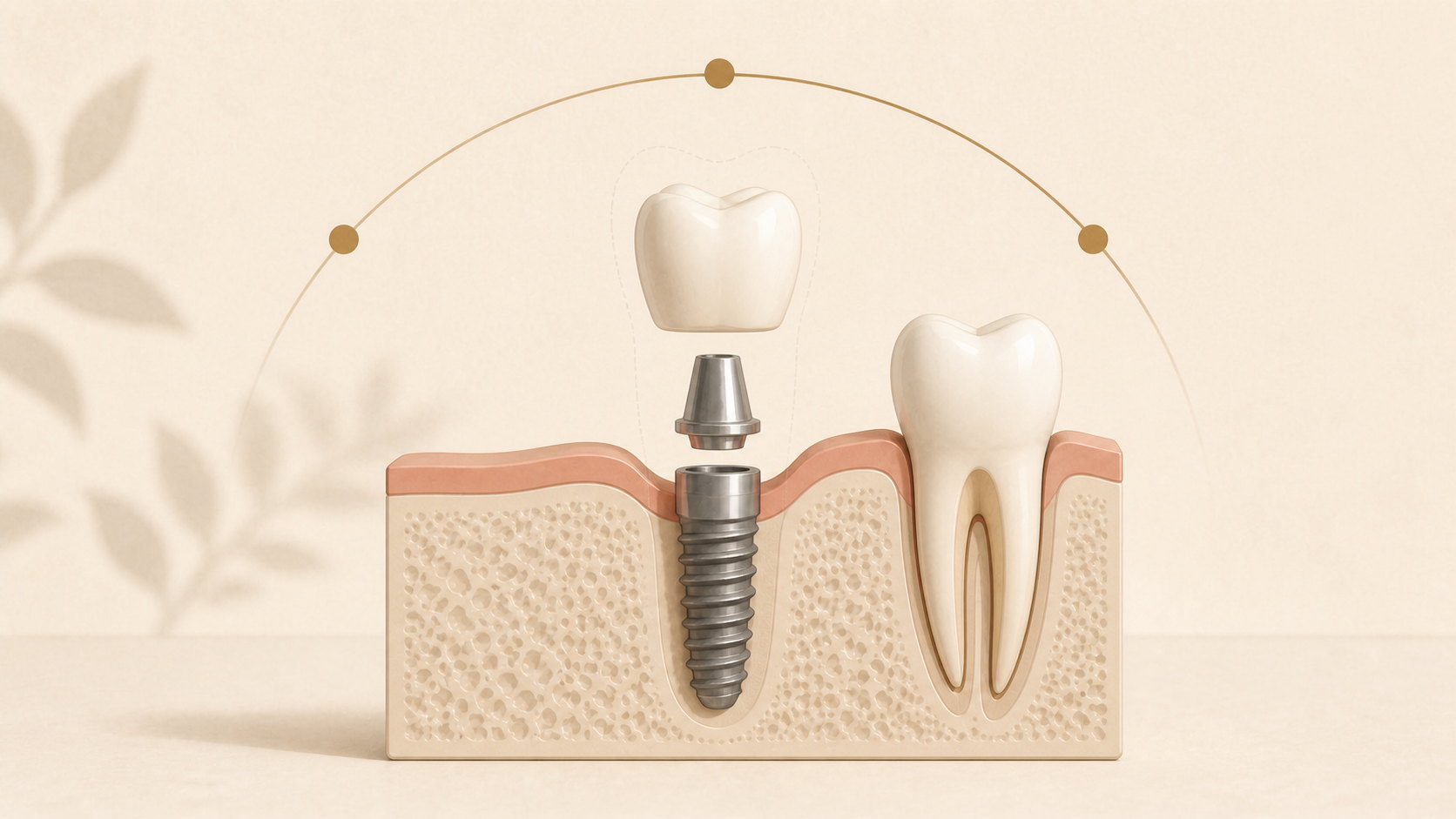 Dental implant with crown beside a natural tooth in a cutaway of bone and gum