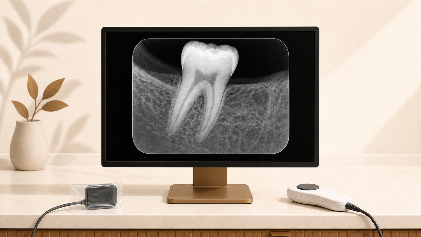 Digital X-ray of a molar displayed on a monitor in a dental office