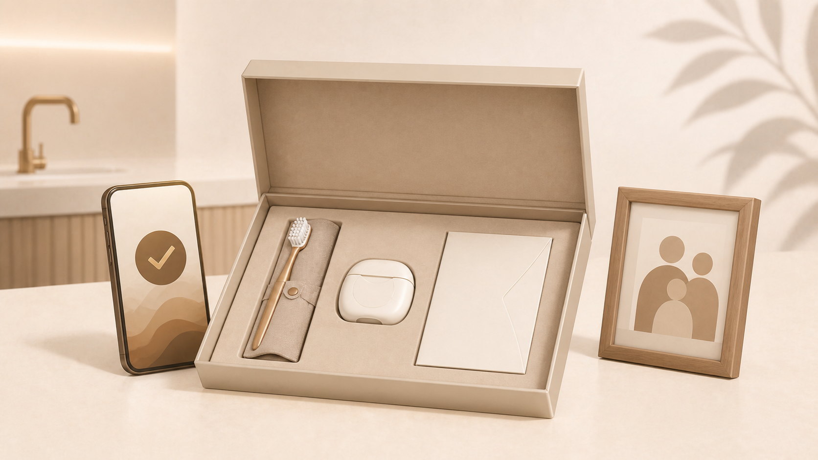 Dental care gift box beside a phone confirmation and family photo for Father's Day