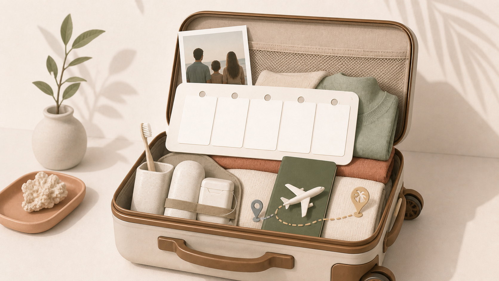 Open suitcase with a travel planner, dental supplies and an airplane for a Memorial Day dental trip