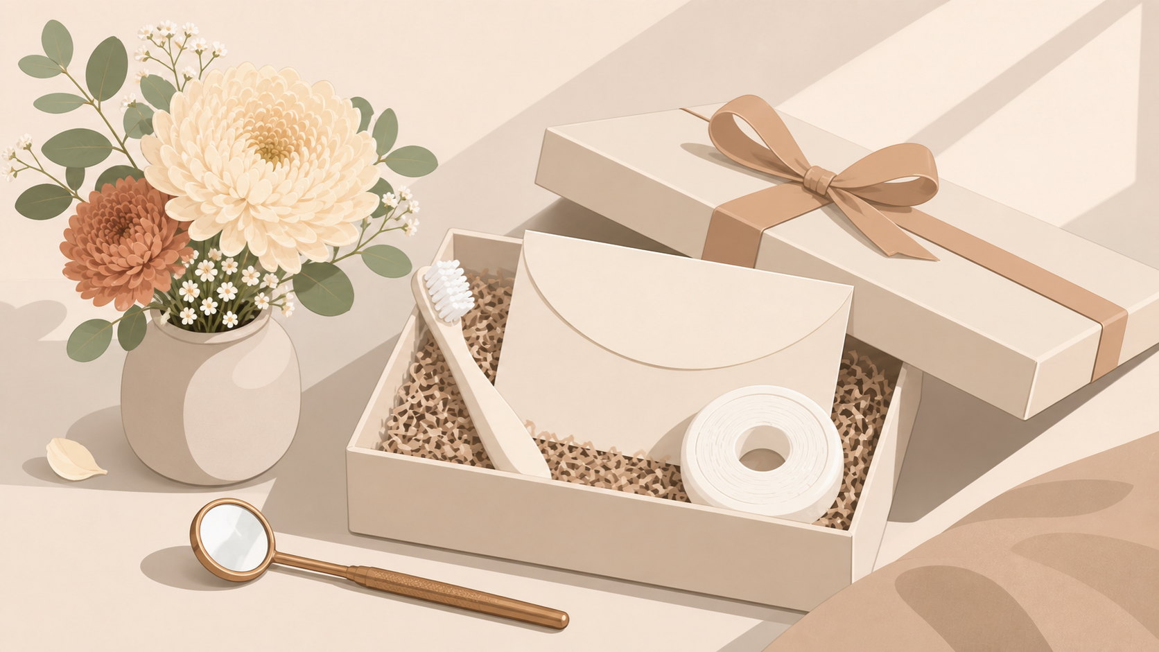 Gift box with dental care items, flowers and a mirror for Mother's Day