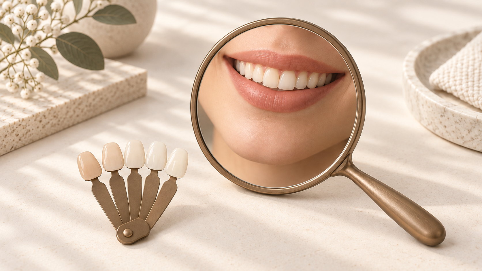 Smile reflected in a handheld mirror beside a dental shade guide for planning porcelain veneers