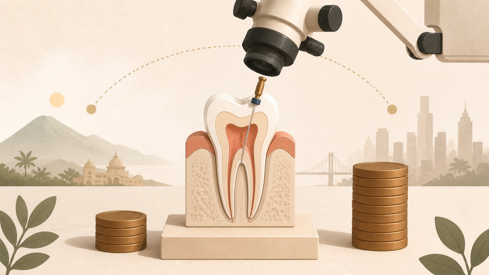 Tooth treated under a microscope between coins and references to El Salvador and the United States