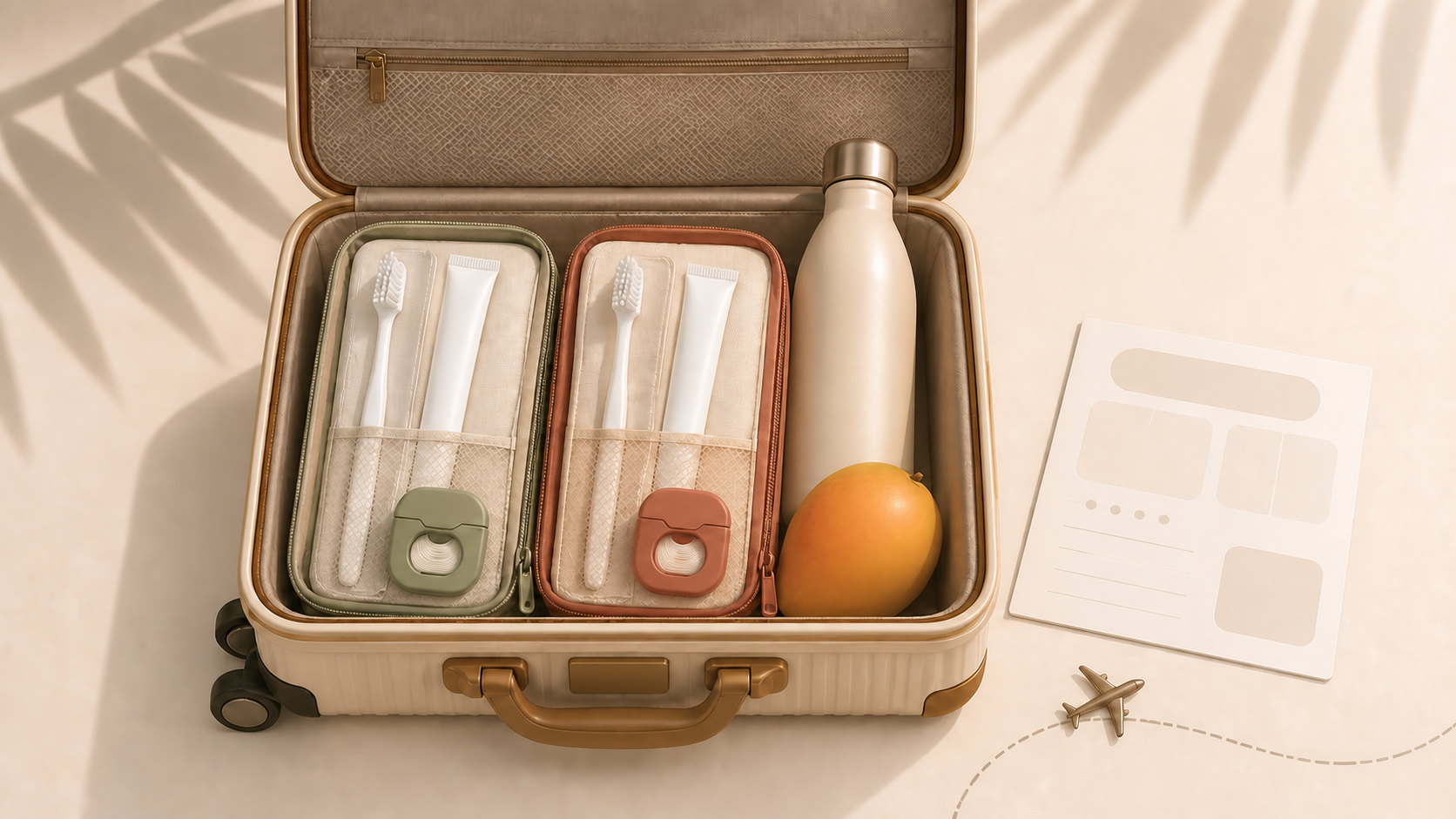 Open suitcase with dental care kits for teens and adults visiting El Salvador in summer