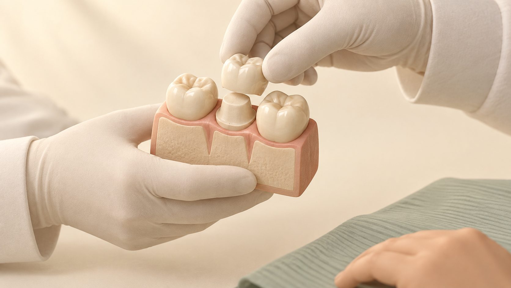 Ilustración de manos enguantadas mostrando una corona sobre un diente preparado en un modelo dental