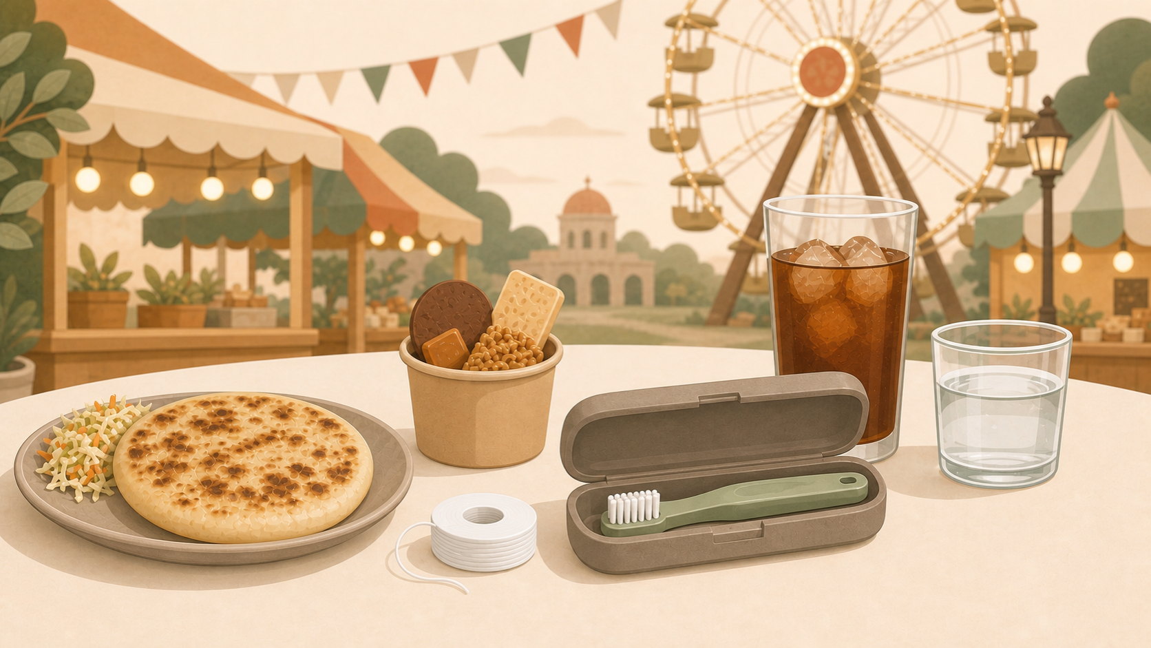 Comida y bebida de feria junto a un kit dental durante las Fiestas Agostinas