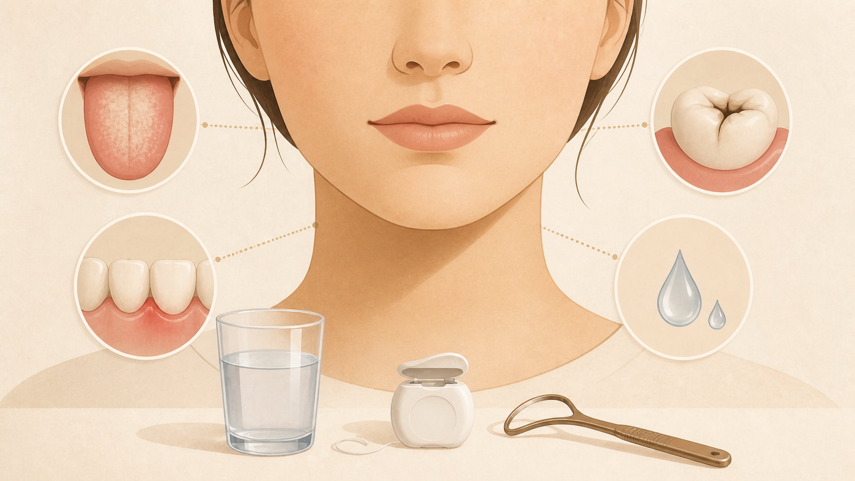 Rostro con señales de causas del mal aliento en lengua, dientes, encías y sequedad bucal