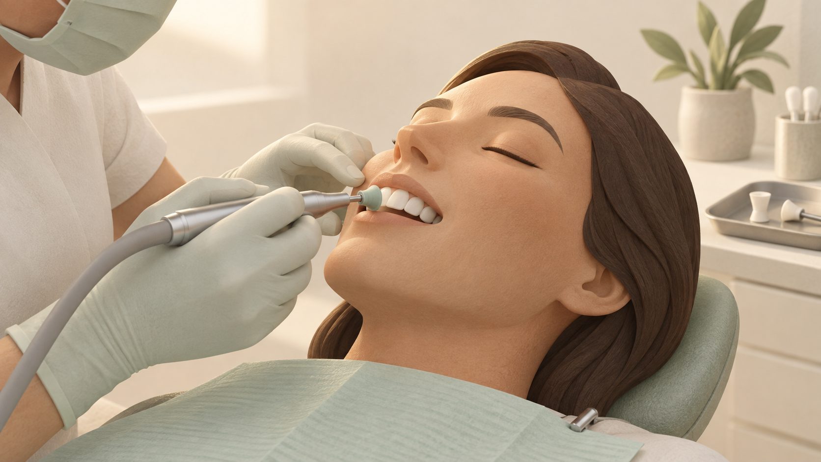 Ilustración de una profesional realizando el pulido dental con una copa de goma