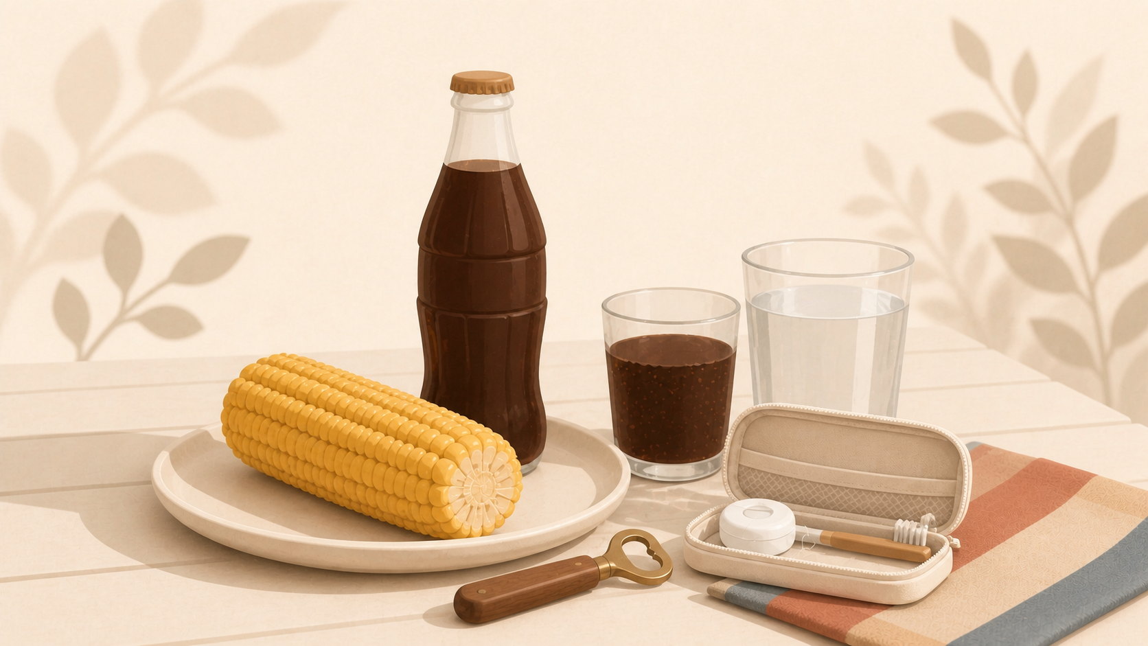Maíz y bebida azucarada de picnic junto a agua, hilo dental y cepillo de dientes