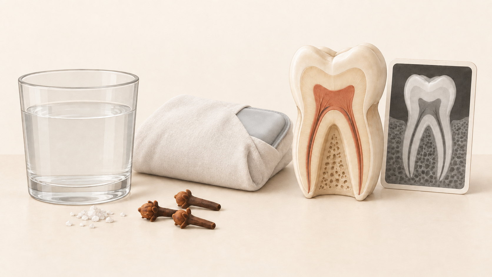 Ilustración de clavo de olor, enjuague de agua con sal y compresa fría como alivio temporal, junto a una evaluación dental
