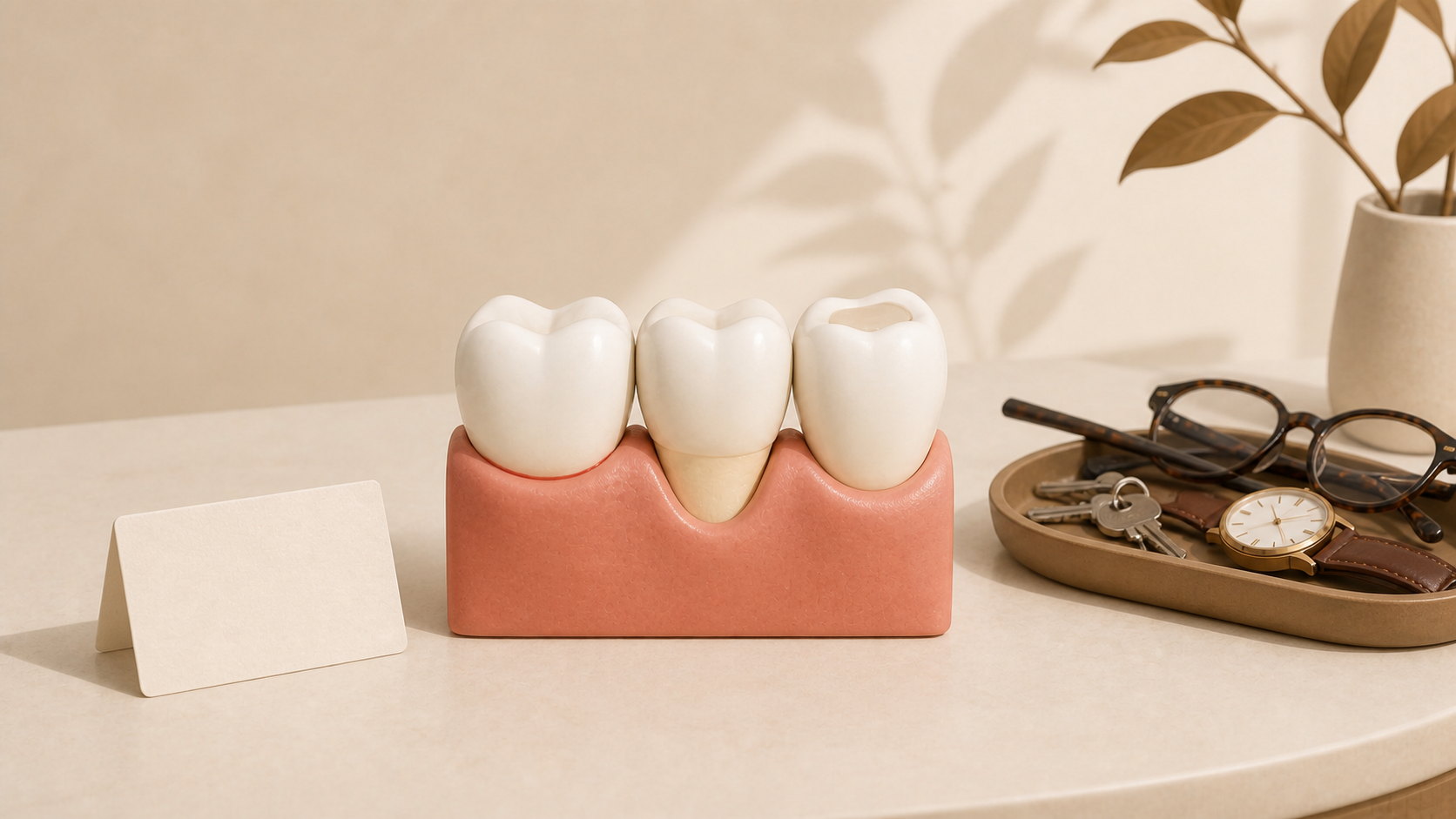 Modelo de dientes y encías junto a lentes y reloj de hombre para recordar la consulta dental de papá