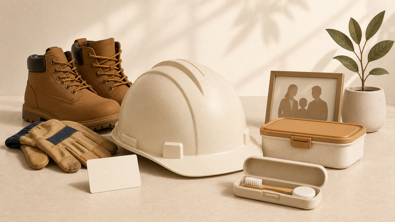 Casco, botas y guantes de trabajo junto a un kit de cuidado dental