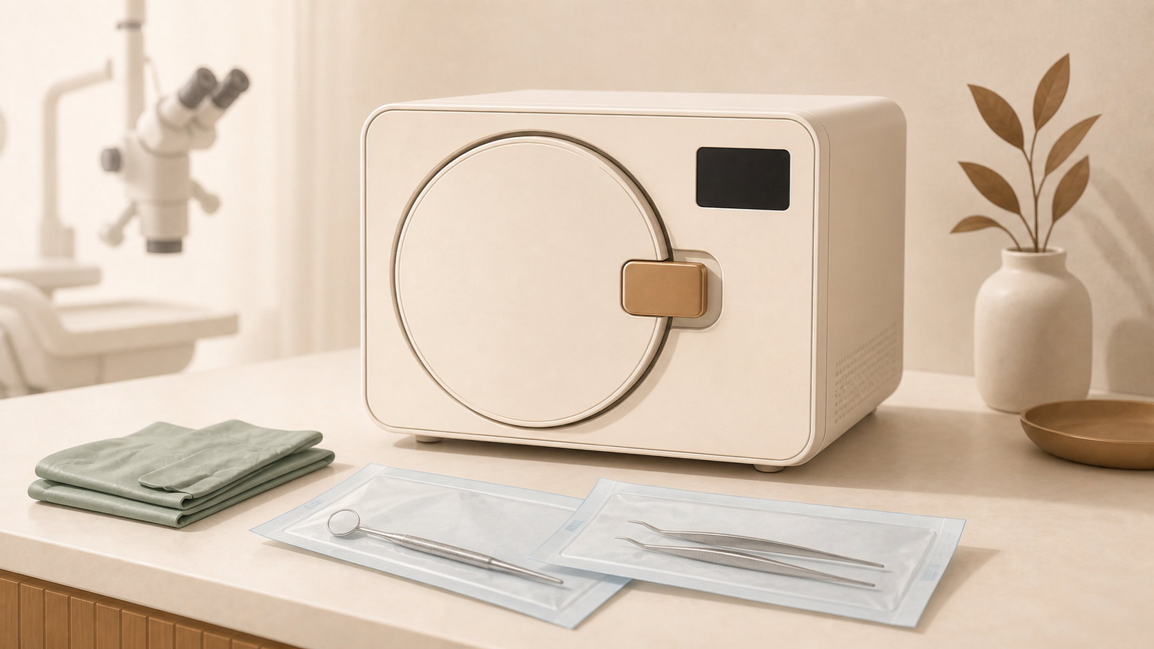 Autoclave y paquetes esterilizados en un consultorio dental preparado para atención segura