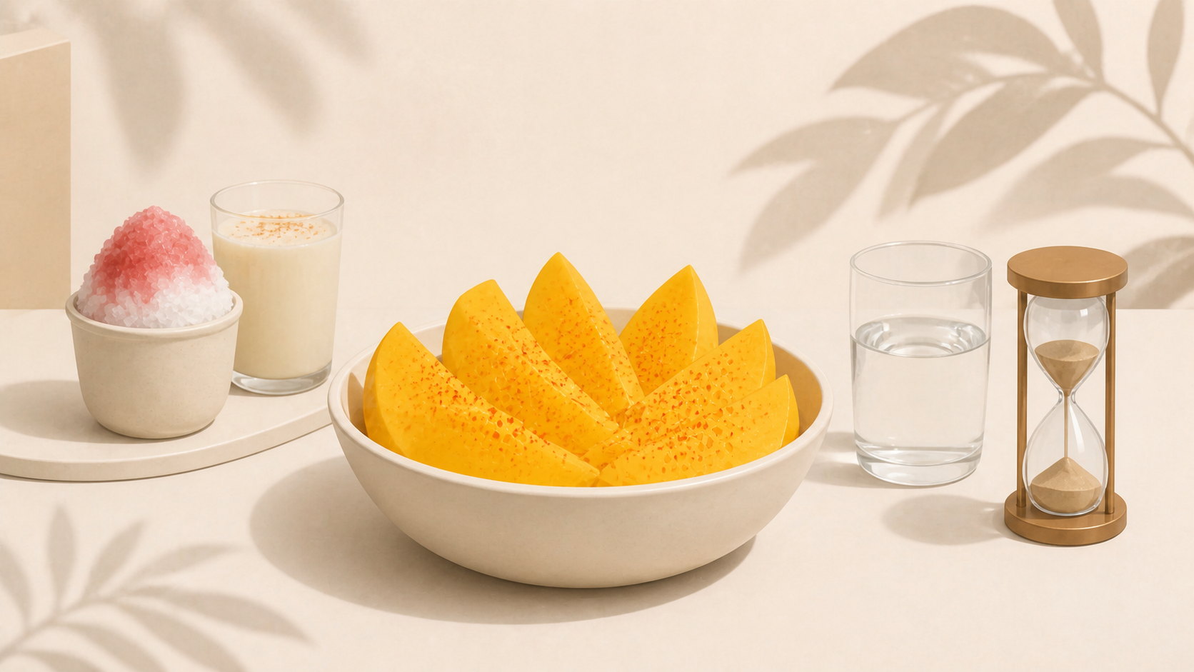 Mango, minutas y bebidas de verano junto a agua y un reloj para cuidar los dientes