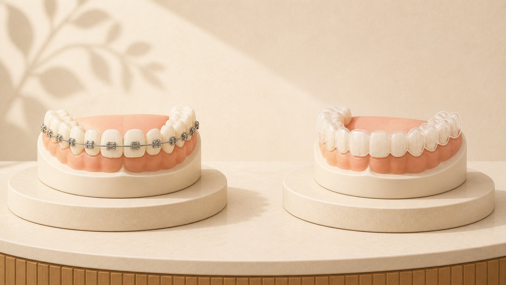 Illustration of orthodontic treatment showing braces and a clear aligner as tooth-alignment options
