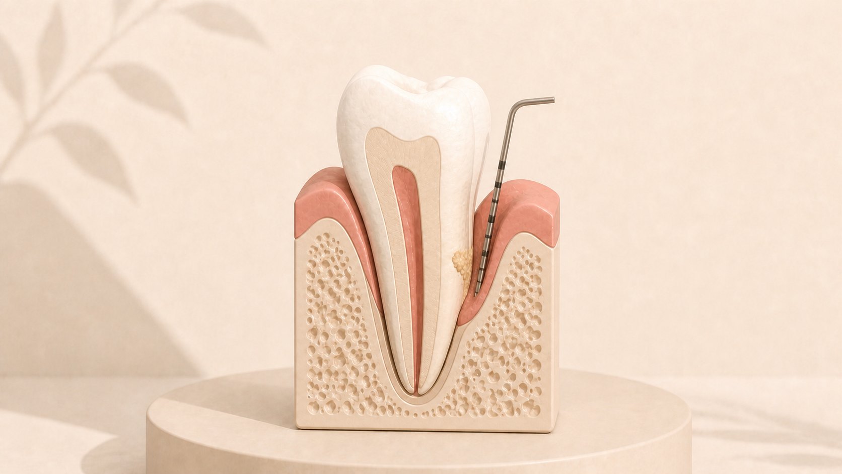 Illustration of periodontal care with an instrument at the gumline and localized dental calculus