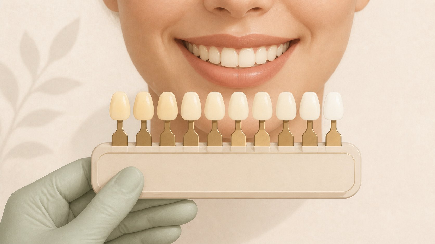 Illustration of a professional teeth-whitening evaluation using a natural tooth shade guide