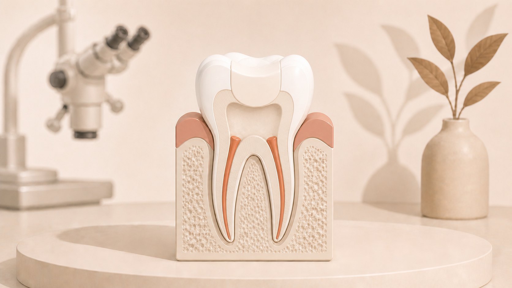 Cutaway illustration of a molar after root canal treatment, with sealed canals and the tooth restored