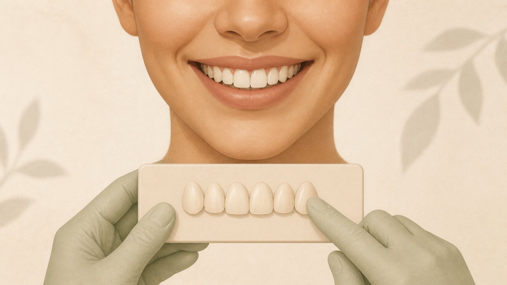 Illustration of smile design planning with a patient and a model showing different tooth shapes