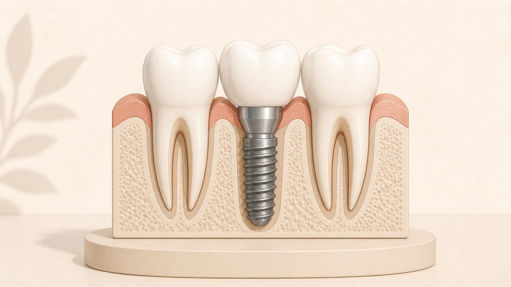 Ilustración en corte de un implante dental de titanio con su pilar y corona junto a la dentición natural