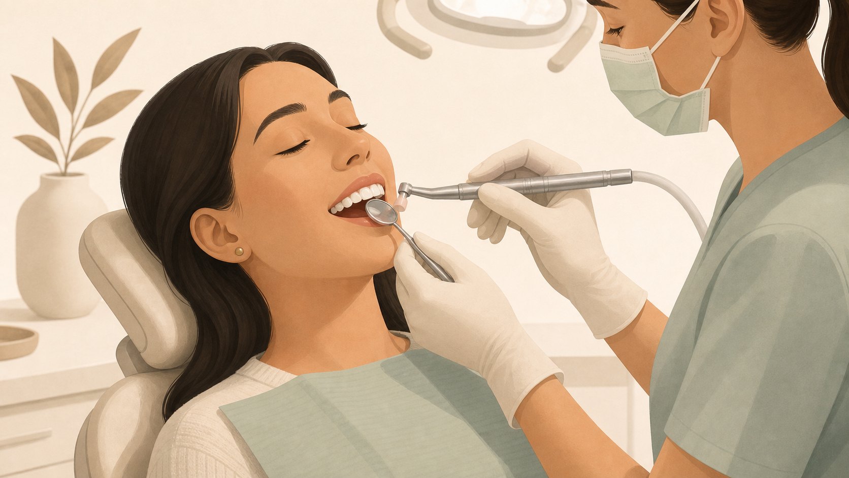Ilustración de una consulta preventiva de odontología general con instrumental para revisar y cuidar los dientes