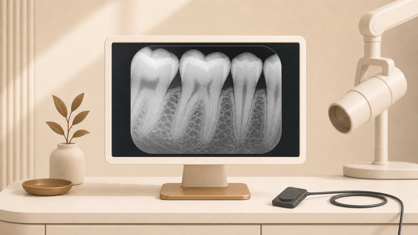 Ilustración de una radiografía dental digital con sensor intraoral e imagen periapical visible en pantalla